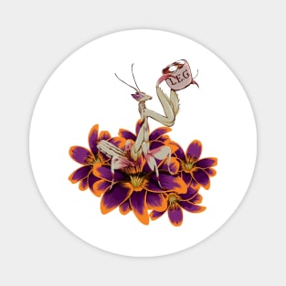 Original White and purple Praying Mantis on orange and Purple Tulips sipping on some Tea. Magnet